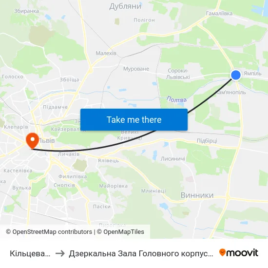 Кільцева Дорога to Дзеркальна Зала Головного корпусу ЛНУ ім. Івана Франка map