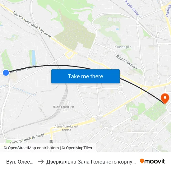 Вул. Олесницького to Дзеркальна Зала Головного корпусу ЛНУ ім. Івана Франка map