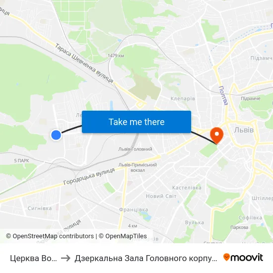 Церква Вознесіння to Дзеркальна Зала Головного корпусу ЛНУ ім. Івана Франка map