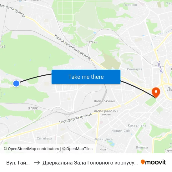 Вул. Гайовської to Дзеркальна Зала Головного корпусу ЛНУ ім. Івана Франка map