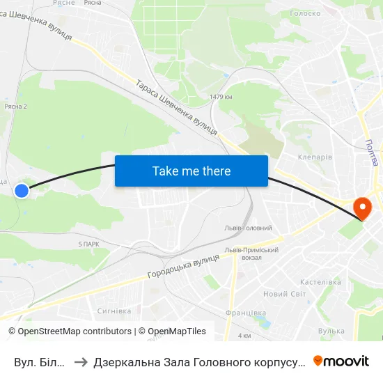 Вул. Білогорща to Дзеркальна Зала Головного корпусу ЛНУ ім. Івана Франка map