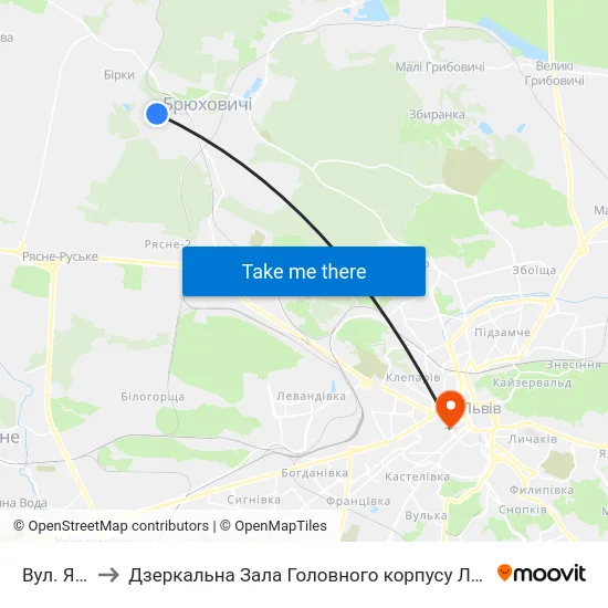 Вул. Ягідна to Дзеркальна Зала Головного корпусу ЛНУ ім. Івана Франка map