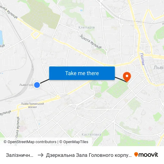 Залізничний Вокзал to Дзеркальна Зала Головного корпусу ЛНУ ім. Івана Франка map