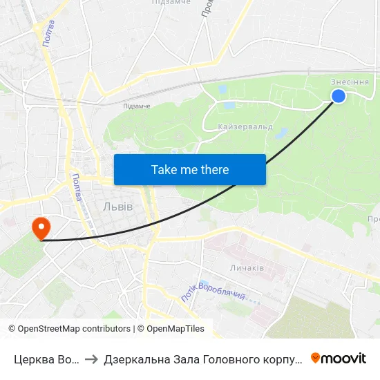 Церква Вознесіння to Дзеркальна Зала Головного корпусу ЛНУ ім. Івана Франка map