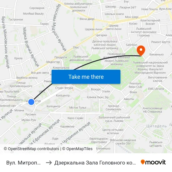 Вул. Митрополита Андрея to Дзеркальна Зала Головного корпусу ЛНУ ім. Івана Франка map