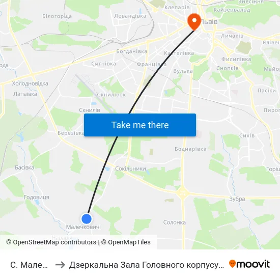 С. Малечковичі to Дзеркальна Зала Головного корпусу ЛНУ ім. Івана Франка map