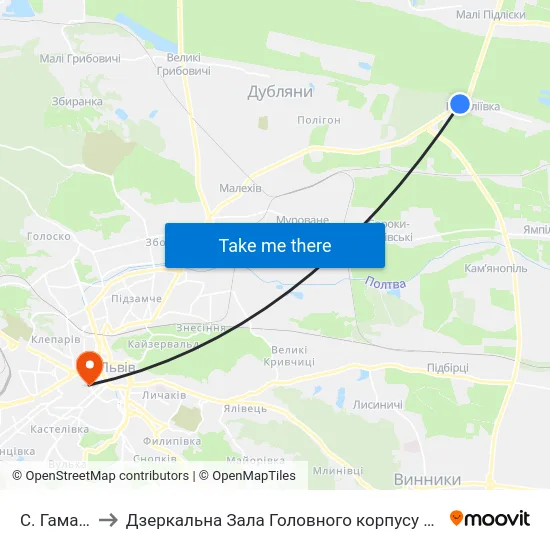 С. Гамаліївка to Дзеркальна Зала Головного корпусу ЛНУ ім. Івана Франка map