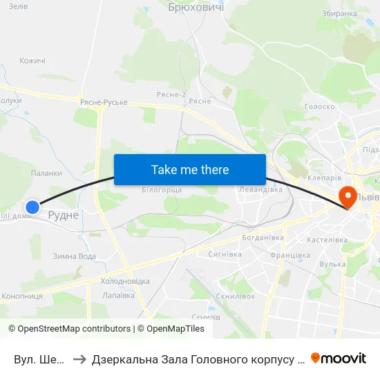 Вул. Шевченка to Дзеркальна Зала Головного корпусу ЛНУ ім. Івана Франка map