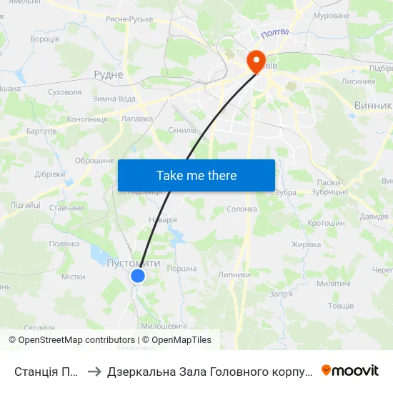 Станція Пустомити to Дзеркальна Зала Головного корпусу ЛНУ ім. Івана Франка map