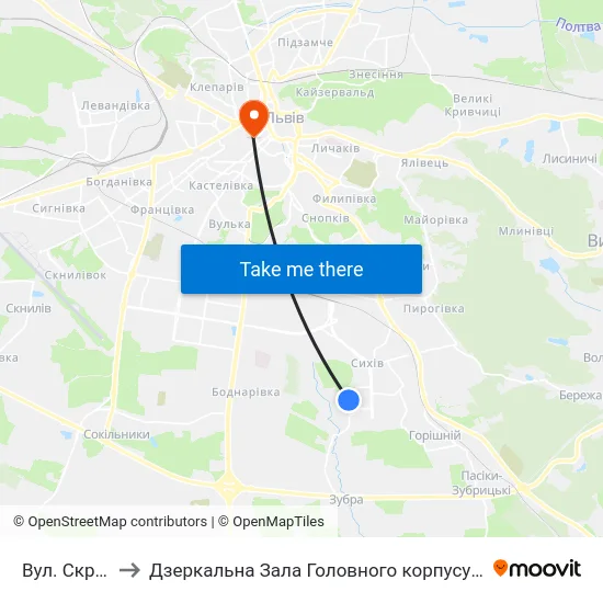 Вул. Скрипника to Дзеркальна Зала Головного корпусу ЛНУ ім. Івана Франка map