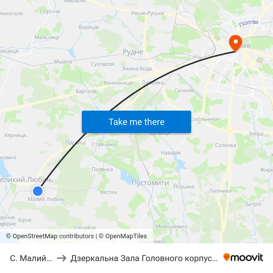 С. Малий Любінь to Дзеркальна Зала Головного корпусу ЛНУ ім. Івана Франка map