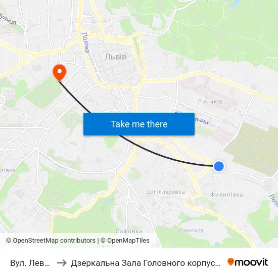 Вул. Левицького to Дзеркальна Зала Головного корпусу ЛНУ ім. Івана Франка map