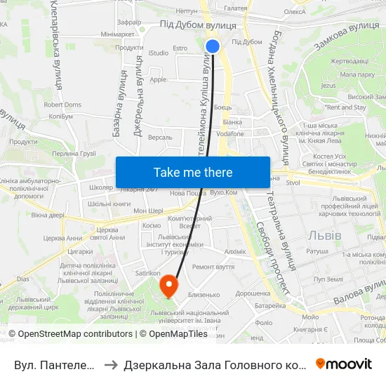Вул. Пантелеймона Куліша to Дзеркальна Зала Головного корпусу ЛНУ ім. Івана Франка map