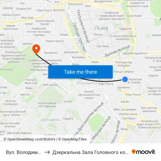 Вул. Володимира Шухевича to Дзеркальна Зала Головного корпусу ЛНУ ім. Івана Франка map