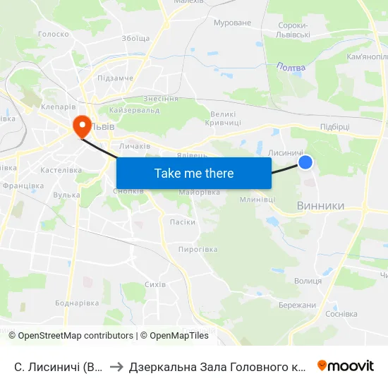 С. Лисиничі (Вул. Полуботка) to Дзеркальна Зала Головного корпусу ЛНУ ім. Івана Франка map