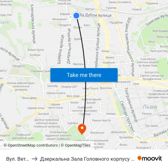 Вул. Ветеранів to Дзеркальна Зала Головного корпусу ЛНУ ім. Івана Франка map