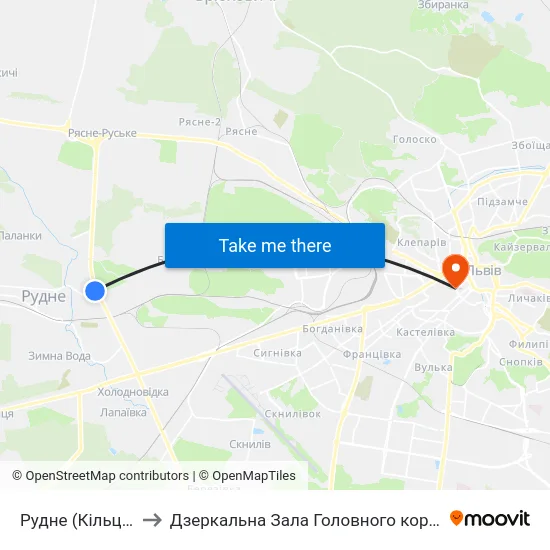 Рудне (Кiльцева Дорога) to Дзеркальна Зала Головного корпусу ЛНУ ім. Івана Франка map