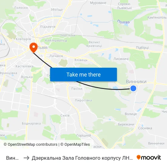 Винники to Дзеркальна Зала Головного корпусу ЛНУ ім. Івана Франка map