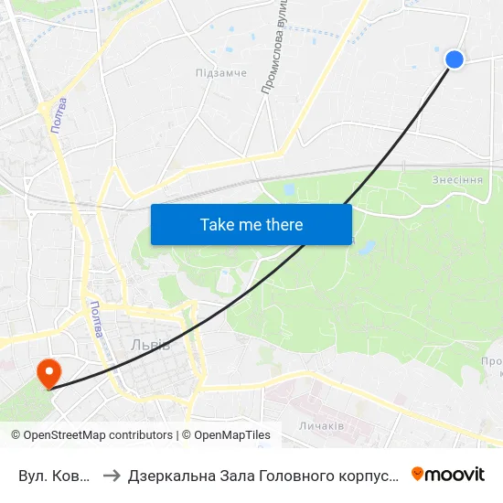 Вул. Ковельська to Дзеркальна Зала Головного корпусу ЛНУ ім. Івана Франка map
