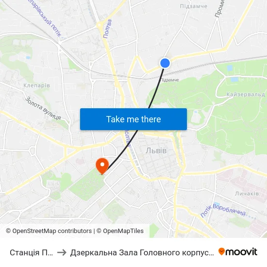 Станція Підзамче to Дзеркальна Зала Головного корпусу ЛНУ ім. Івана Франка map