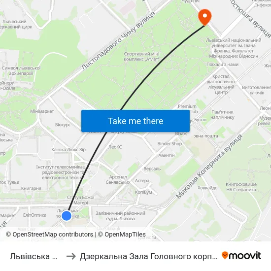 Львівська Політехніка to Дзеркальна Зала Головного корпусу ЛНУ ім. Івана Франка map