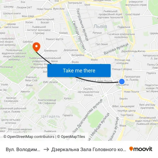 Вул. Володимира Шухевича to Дзеркальна Зала Головного корпусу ЛНУ ім. Івана Франка map