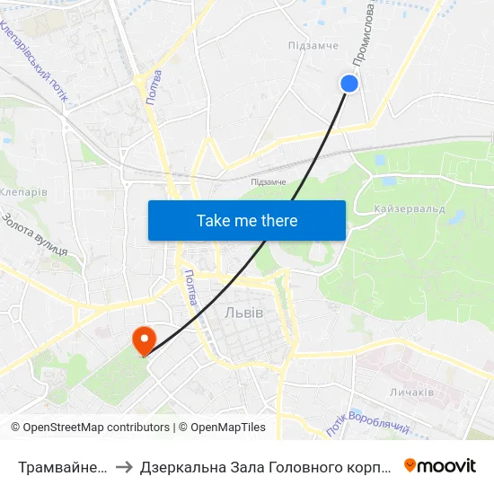 Трамвайне Депо №2 to Дзеркальна Зала Головного корпусу ЛНУ ім. Івана Франка map