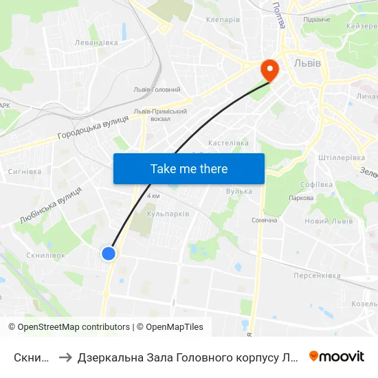 Скнилівок to Дзеркальна Зала Головного корпусу ЛНУ ім. Івана Франка map