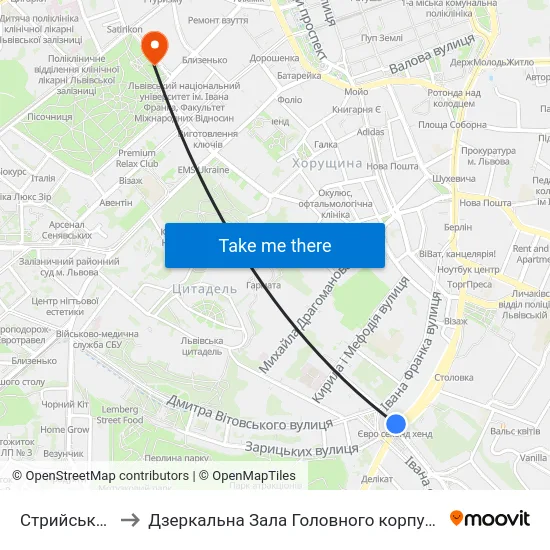 Стрийський Ринок to Дзеркальна Зала Головного корпусу ЛНУ ім. Івана Франка map