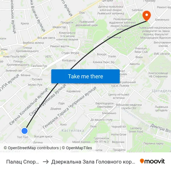 Палац Спорту "Україна" to Дзеркальна Зала Головного корпусу ЛНУ ім. Івана Франка map