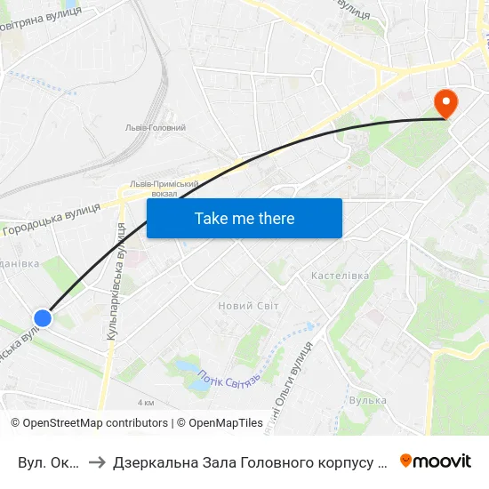 Вул. Окружна to Дзеркальна Зала Головного корпусу ЛНУ ім. Івана Франка map