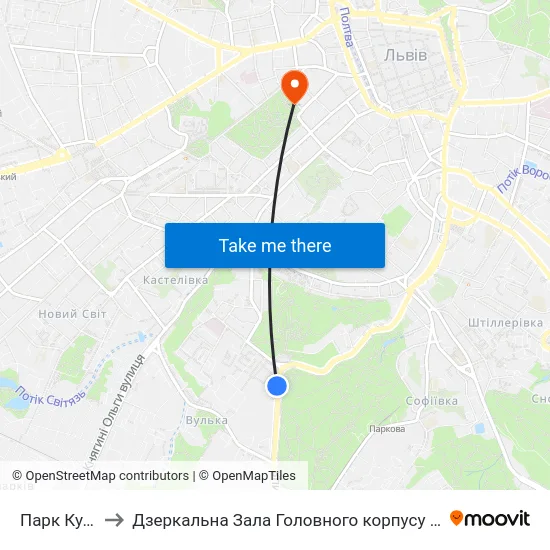 Парк Культури to Дзеркальна Зала Головного корпусу ЛНУ ім. Івана Франка map