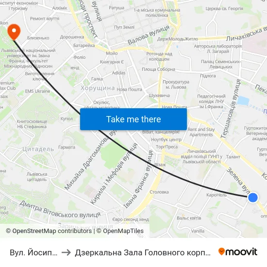 Вул. Йосипа Сліпого to Дзеркальна Зала Головного корпусу ЛНУ ім. Івана Франка map