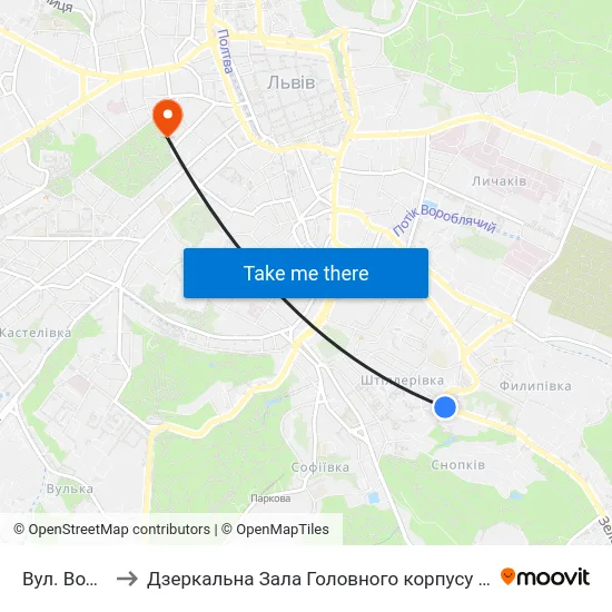 Вул. Водогінна to Дзеркальна Зала Головного корпусу ЛНУ ім. Івана Франка map