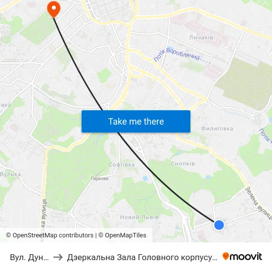 Вул. Дунайська to Дзеркальна Зала Головного корпусу ЛНУ ім. Івана Франка map
