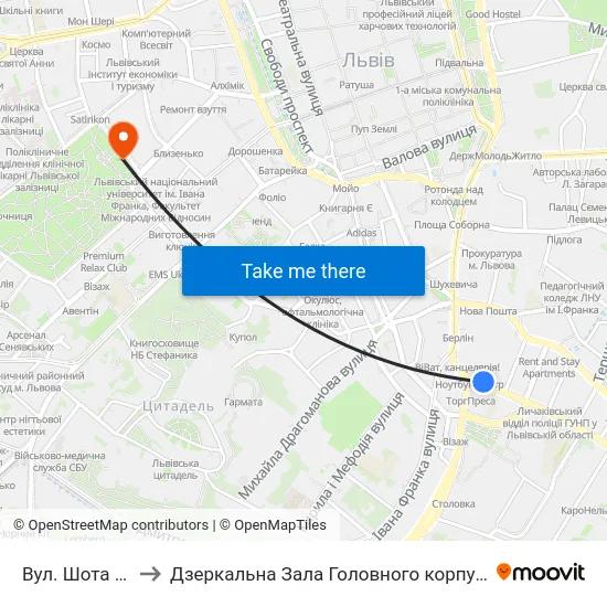 Вул. Шота Руставелі to Дзеркальна Зала Головного корпусу ЛНУ ім. Івана Франка map