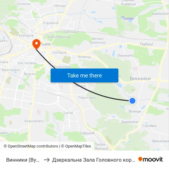 Винники (Вул. Козацька) to Дзеркальна Зала Головного корпусу ЛНУ ім. Івана Франка map