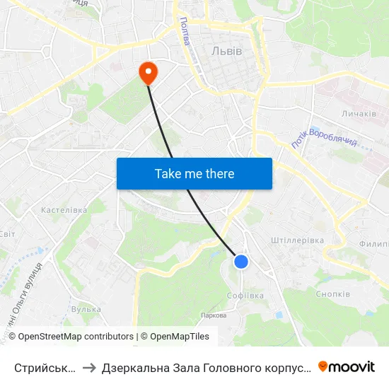 Стрийський Парк to Дзеркальна Зала Головного корпусу ЛНУ ім. Івана Франка map