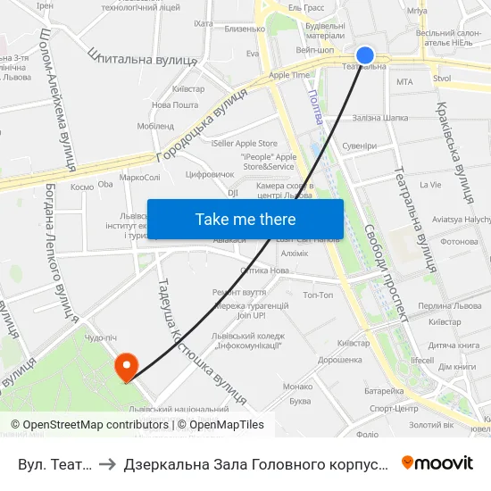 Вул. Театральна to Дзеркальна Зала Головного корпусу ЛНУ ім. Івана Франка map