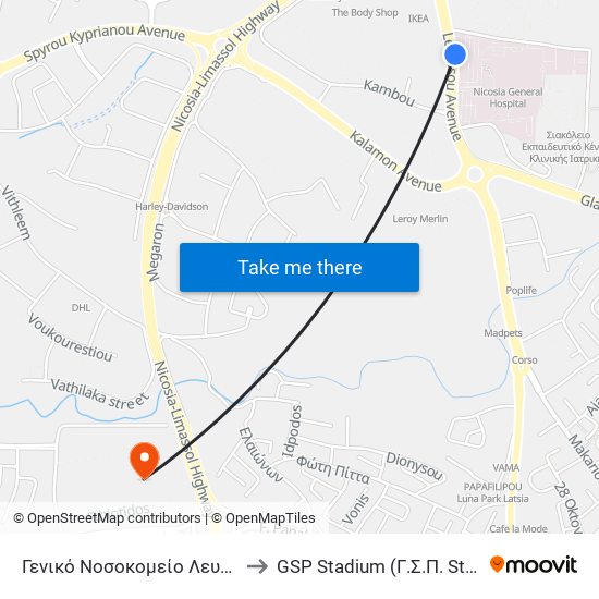 Γενικό Νοσοκομείο Λευκωσίας to GSP Stadium (Γ.Σ.Π. Stadium) map