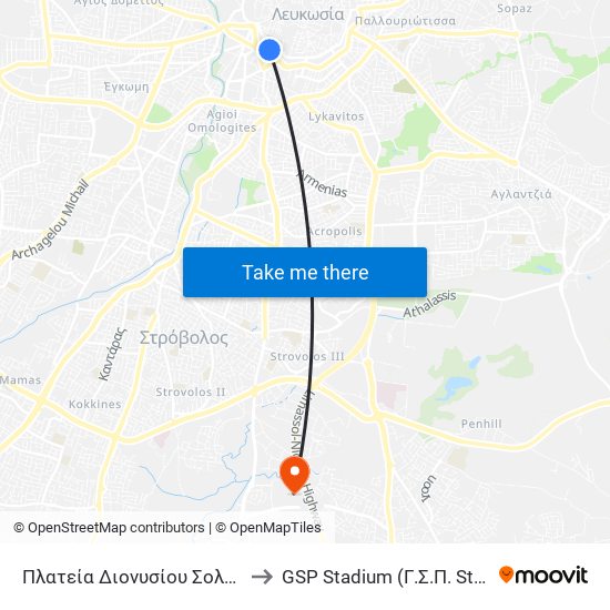 Dionysios Solomos Square B to GSP Stadium (Γ.Σ.Π. Stadium) map