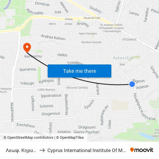 Λεωφ. Κηρυνείας to Cyprus International Institute Of Management map