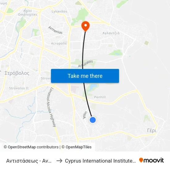 Αντιστάσεως - Αναγεννήσεως to Cyprus International Institute Of Management map