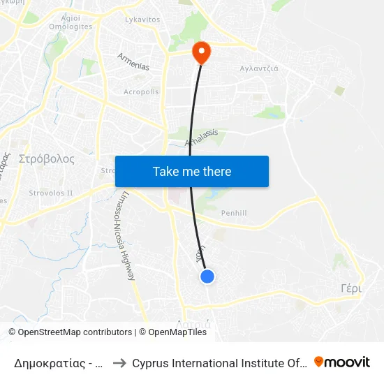 Δημοκρατίας - Ελλάδος to Cyprus International Institute Of Management map