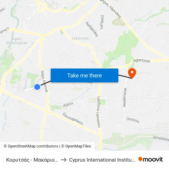 Κορυτσάς - Μακάριο Νοσοκομείο 2 to Cyprus International Institute Of Management map