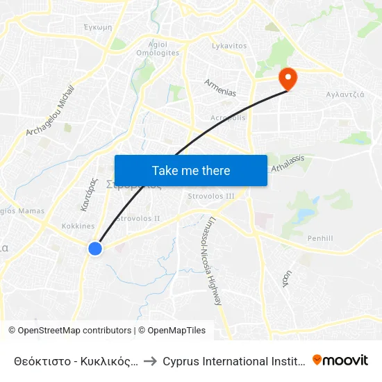 Θεόκτιστο - Κυκλικός Κόμβος Τσερίου to Cyprus International Institute Of Management map