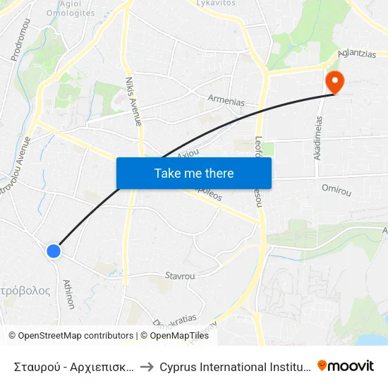 Σταυρού - Αρχιεπισκόπου Λεοντίου to Cyprus International Institute Of Management map