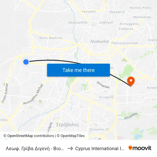Λεωφ. Γρίβα Διγενή - Βιομ. Αγ. Δομετίου-Έγκωμης 2 to Cyprus International Institute Of Management map