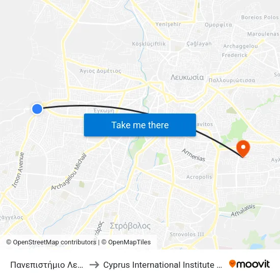 Πανεπιστήμιο Λευκωσίας 1 to Cyprus International Institute Of Management map