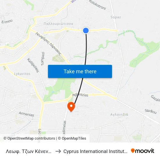 Λεωφ. Τζων Κένεντυ - Ενότητος to Cyprus International Institute Of Management map